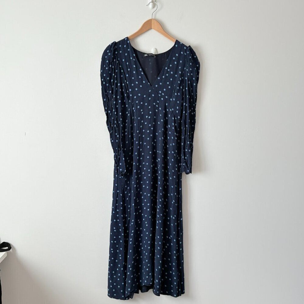 Zara Puff Shoulder Polka Dot Midi Maxi Dress Blue Size Large - Picture 6 of 10
